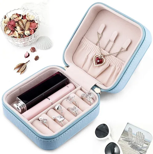 Vista 2 de Duomiila - Caja de joyería pequeña mini organizador de viaje portátil para anillos aretes collares Un regalo para niñas y mujeres