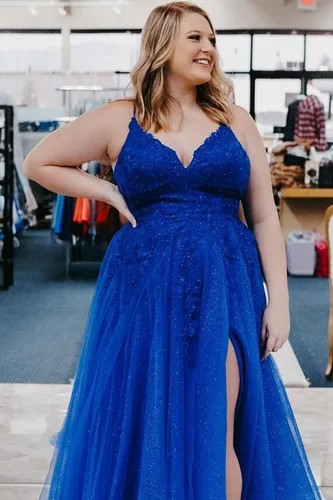 Vista 5 de Vestido de fiesta con apliques de encaje para mujer, largo 2024, tul con purpurina, tirantes delgados, cuello en V, vestido de fiesta formal