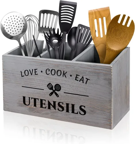 Vista 7 de MINCORD Soporte para utensilios de cocina con 3 compartimentos, caja organizadora de almacenamiento de madera rústica, caja organizadora