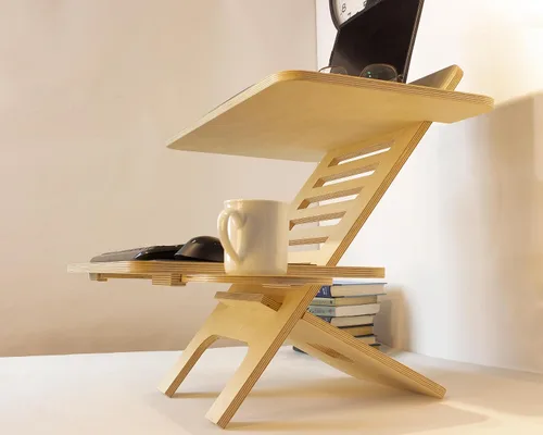 Vista 4 de Soporte ajustable para computadora portátil de madera, convertidor de escritorio de pie, soporte de escritorio de estación de trabajo, mesa