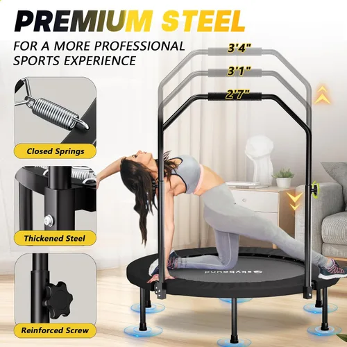 Vista 4 de SkyBound Rebounder Trampoline for Adults - Indoor Mini Trampoline with Bar, Fitness Rebounder with 3 Adjustable Foam Handles, Exercise Trampoline