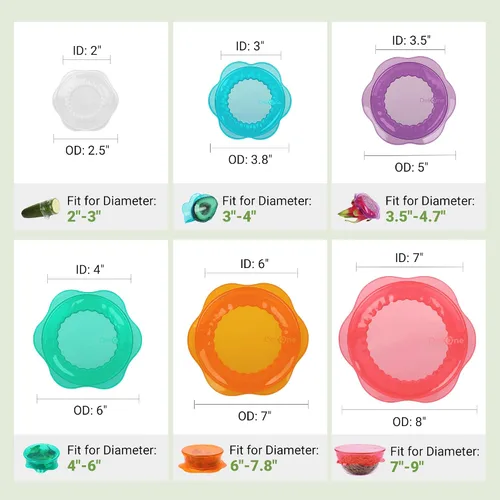 Vista 4 de Tapas elásticas de silicona para almacenamiento de alimentos en el refrigerador, fundas elásticas reutilizables para tazas, latas, tarros