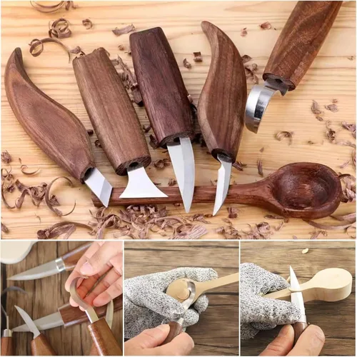 Vista 6 de Farady Juego de cuchillos de tallado de madera de nogal con detalle de cuchillo de madera, cuchillo de corte, cuchillo de gancho para principiantes