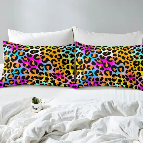 Vista 7 de Feelyou Juego de ropa de cama con estampado de leopardo para niñas, niños y mujeres, funda de edredón de piel de leopardo arcoíris neón, funda