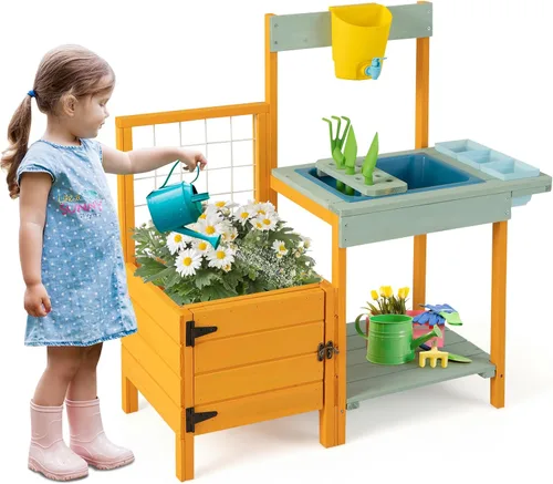 Vista 10 de Costzon Cocina de barro, banco de madera para macetas para niños con grifo extraíble, fregadero, estufas, pomos de rotación, cajas para macetas