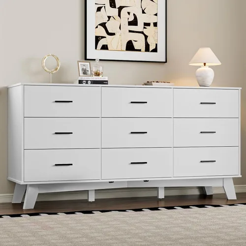 Vista 13 de BORNOON Cómoda para dormitorio con 9 cajones, cómoda moderna de 59 pulgadas de ancho con manijas de metal, base en forma de X y pata central
