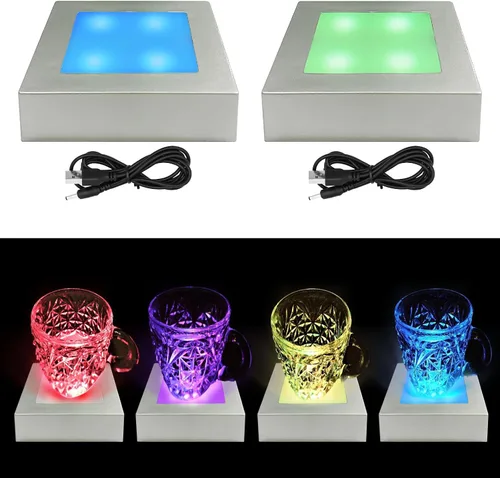 Vista 10 de Base cuadrada de soporte de luz LED de 2 piezas, pantalla multicolor de 3 pulgadas para cristal de cristal (negro)