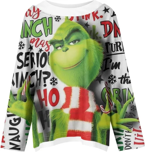 Vista 4 de WJDSZBD Suéter feo de Navidad para mujer, estampado de monstruo verde, manga larga, cuello redondo, sudaderas de fiesta de talla grande