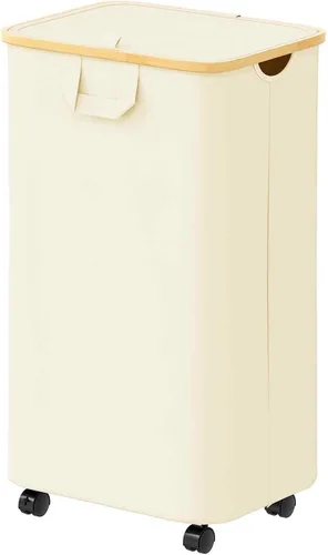 Vista 15 de SpaceAid Cesta de lavandería delgada con ruedas y tapa, cesta de ropa estrecha rodante de 62 litros con mango de bambú, canasta grande para ropa