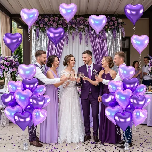 Vista 5 de Globos de corazón morado, 12 globos de aluminio iridiscentes de 18 pulgadas Púrpura iridiscente
