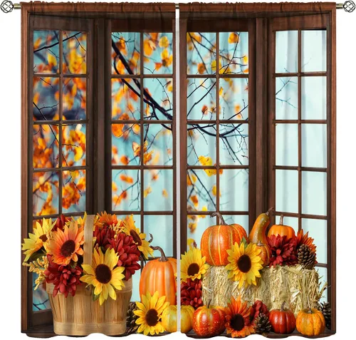 Vista 7 de Cortinas de ventana de cosecha de otoño, marco de madera rústica, cortinas florales de pacas de heno y calabaza, cenefa de cocina de Acción