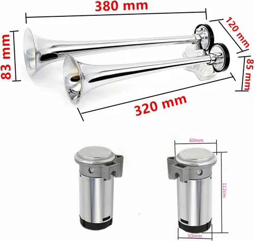 Vista 4 de Bocina de barco plateada de 165DB, bocina de tubo doble de tono alto/bajo de 12 V, súper fuerte para barcos, automóviles, yates, caravanas