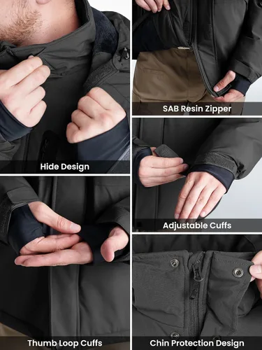 Vista 6 de Abrigos de invierno para hombre, chaqueta parka con capucha abrigada, impermeable, forrada con forro polar para nieve y esquí