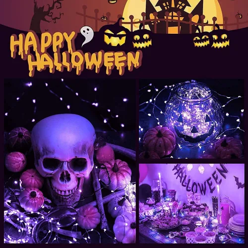 Vista 2 de JMEXSUSS 100 luces solares LED de Halloween al aire libre/250 LED púrpura luces de cadena de Halloween