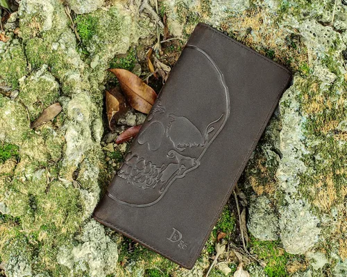 Vista 6 de DK86 Cartera larga de calavera para hombre, de cuero de grano completo, con bloqueo Rfid, cartera plegable para roeo, billetera plegable, color café