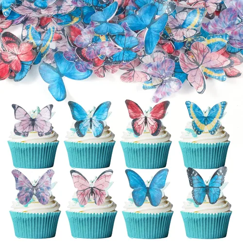 Vista 4 de Gyufise 40 adornos comestibles de mariposa para cupcakes, decoración de tartas, pasteles de boda, fiesta de cumpleaños, decoración de alimentos