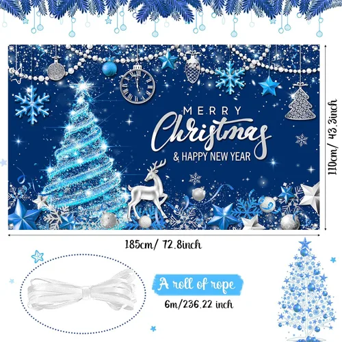 Vista 2 de Tiamon Telón de Fondo Banner de Fiesta Feliz Navidad para Decoración de Fiesta de Navidad y Año Nuevo (Azul Dorado, 72.8 x 43.3 Pulgadas)