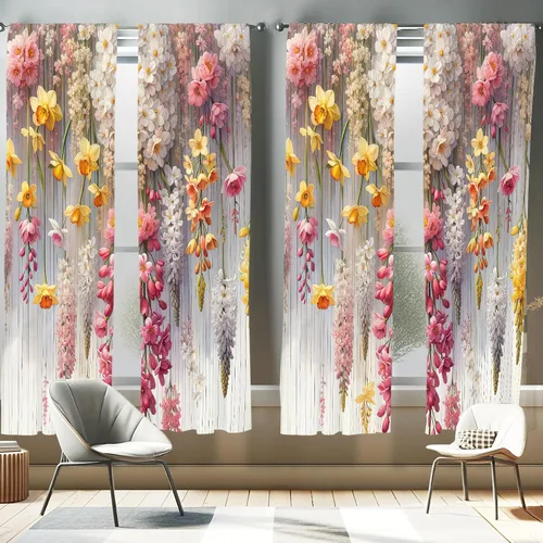Vista 9 de Ambesonne - Cortinas amarillas para ventana, arte moderno escandinavo de escena de jardín con flores de tulipán y mariposas bailando, juego de 2