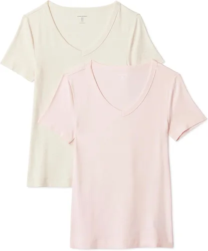 Vista 15 de Amazon Essentials Camiseta ajustada de manga corta con cuello en V para mujer, paquete de 2 Negro