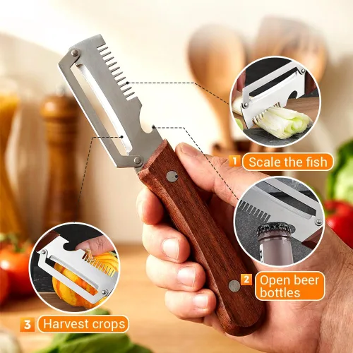 Vista 7 de Multi-Functional Vegetable Peeler for Kitchen, 2026 New Premium Vegetable Peeler with Wooden Handle and Bottle Opener, Stainless Steel Peeling Tool