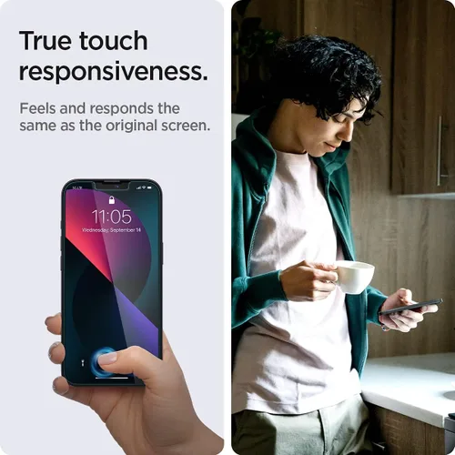 Vista 4 de Spigen Protector de pantalla de vidrio templado [GlasTR EZ FIT] diseñado para iPhone 13 Mini [compatible con fundas], paquete de 2