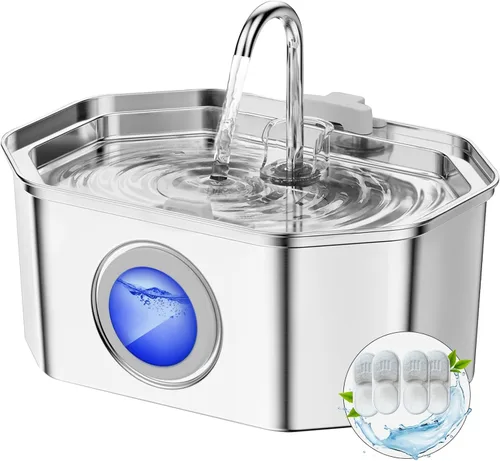 Vista 8 de Fuente de Agua para Gatos de Acero Inoxidable 108oz/3.2L, APAUK Fuente Automática para Mascotas Dispensador de Agua con Ventana de Nivel de Agua