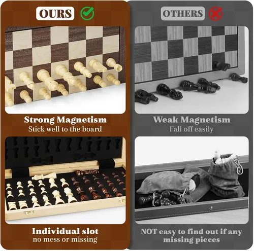 Vista 4 de Juegos de ajedrez magnéticos para niños y adultos, tablero de ajedrez de madera de 15 pulgadas con piezas, juego de ajedrez portátil de viaje