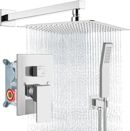 Vista 22 de Aolemi Sistema de ducha tipo lluvia de 12 pulgadas, cabezal de ducha cepillado Nikcel Combo Set con ducha de mano válvula de montaje en pared grifo