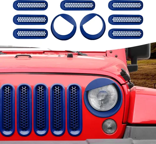 Vista 12 de Mesh Grille Grill Insert+ Headlight Turn Light Cover Trim Fit for 2007-2018 Jeep Wrangler JK JKU Style A(Red)