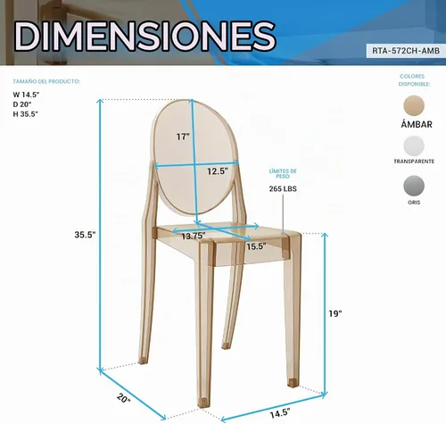 Vista 2 de Sillas fantasmas, sillas apilables de acrílico para eventos, juego de 4, ámbar