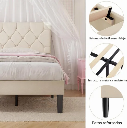 Vista 4 de VECELO Twin Bed Frame with Upholstered Tufted Headboard, Beige