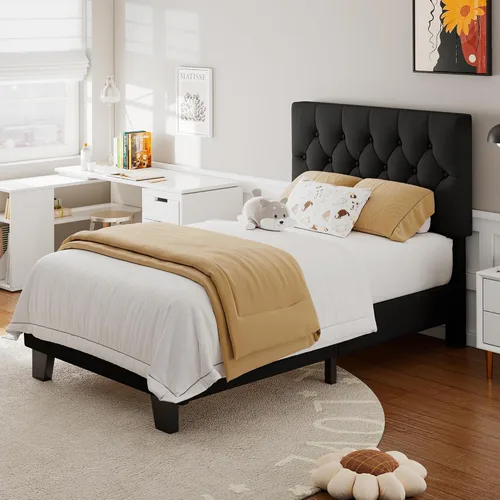 Vista 7 de Feonase Marco de cama de plataforma twin con cabecera capitoné con botones, cama tapizada de lino con soporte de listones de madera, no necesita
