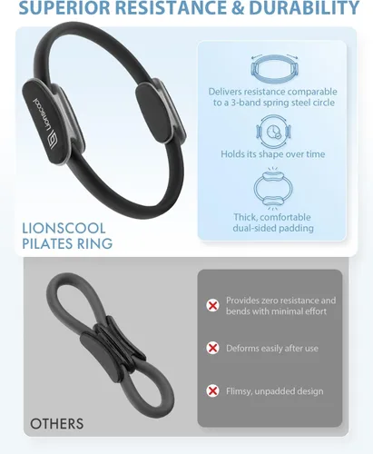 Vista 8 de LIONSCOOL Pilates Ring Set - 14" Anti-Deformation Magic Circle with Padded Handles, 9" Mini Ball, Non-Slip Fabric Resistance Bands, Guide & Bag
