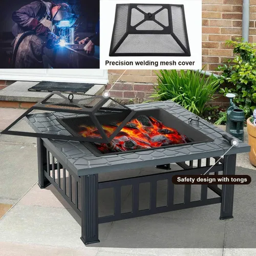 Vista 4 de Mesa portátil para fogata de 32 pulgadas, chimenea cuadrada multiusos para exteriores, chimeneas de metal para exteriores con marco de acero fuerte