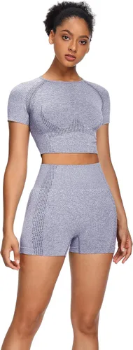 Vista 2 de Sytiz Conjunto de 2 piezas de yoga sin costuras para mujer pantalones cortos de gimnasio y camiseta corta de manga corta