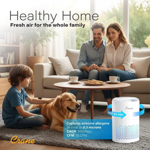 Vista 3 de Crane Purificador de aire True HEPA para el hogar, dormitorio y dormitorio, purificador de aire pequeño de hasta 150 pies cuadrados para polvo