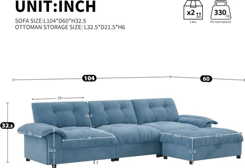 Vista 46 de Sofá modular moderno en forma de U de 115 pulgadas, juego de sofás tapizados grandes con asiento de almacenamiento, sofá cama convertible con diván