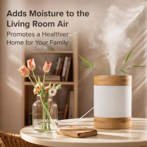 Vista 5 de Mini humidificador ultrasónico de bambú, humidificador de escritorio silencioso de 14.1 onzas líquidas con luz nocturna LED dual, alimentado por