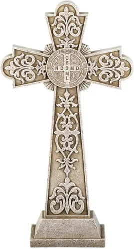 Vista 2 de Avalon Gallery - Cruz de jardín de San Benito, resina de piedra, decoración religiosa para exteriores, 24 pulgadas de alto x 9 pulgadas de ancho