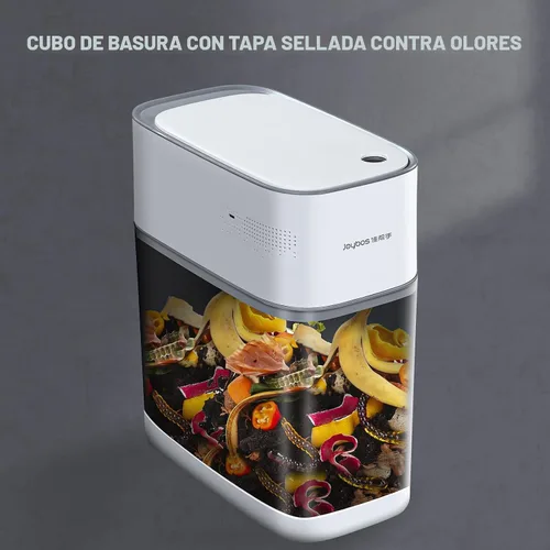 Vista 2 de JOYBOS Bote de basura automático con tapa, 3.8 galones, delgado y pequeño cubo de basura inteligente de plástico blanco, sensor de movimiento