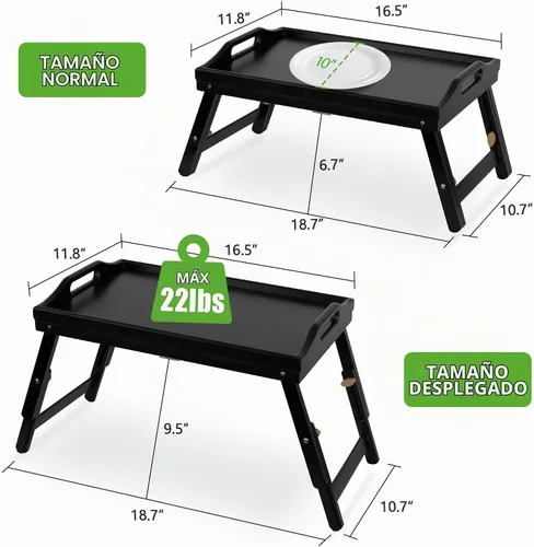 Vista 3 de Mayyol Bandeja de Desayuno para Comer en la Cama - Mesa de Comida Elevada con Altura Ajustable - Bandeja de Servir de Bambú para Regazo/Sofá Negro