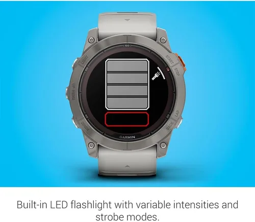 Vista 4 de Garmin Fenix 7X Pro Sapphire Solar, reloj inteligente GPS multideportivo, linterna integrada, carga solar, titanio con banda gris nieblanaranja