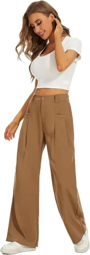 Vista 7 de FUNYYZO Pantalones de vestir de pierna ancha de cintura alta para mujer, plisados, cintura ancha, cintura elástica, pantalones casuales