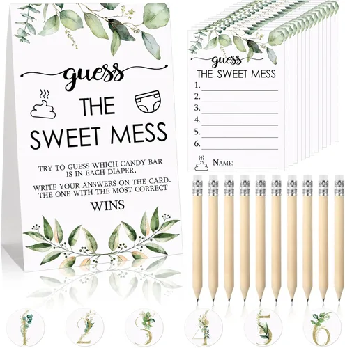 Vista 15 de Juego de 67 piezas de pañales sucios de Guess The Sweet Mess para baby shower, incluye letrero de Adivina el dulce lío, 50 tarjetas pequeñas, 10