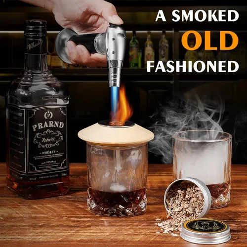Vista 5 de Kit de ahumador de whisky con antorcha, chips de madera de 6 sabores, 2 vasos de whisky, 2 moldes de bolas de hielo, kit de ahumador de bebida
