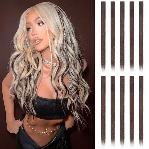 Vista 25 de FESHFEN Juego de 12 extensiones de cabello con clip, color negro, con clip, con purpurina, kit de accesorios coloridos para mujeres, de 20 pulgadas
