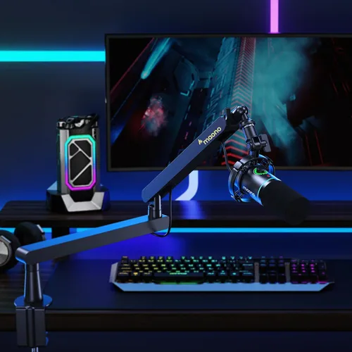 Vista 8 de MAONO Kit de micrófono dinámico XLR/USB, paquete de micrófono RGB para juegos para podcast Studio Streaming Grabación Vocal PD200X+BA92 Negro