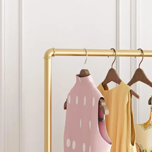 Vista 5 de Perchero de metal dorado con estante de madera, perchero resistente con ruedas para dormitorio, uso en boutiques minoristas (37.4 pulgadas de largo)