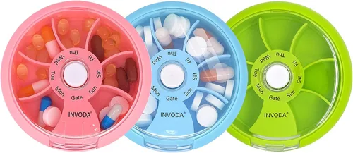 Vista 23 de 12 PIEZAS INVODA - Organizador semanal de pastillas con 7 compartimentos, pastillero giratorio para medicación diaria y vitaminas - Estuche portátil