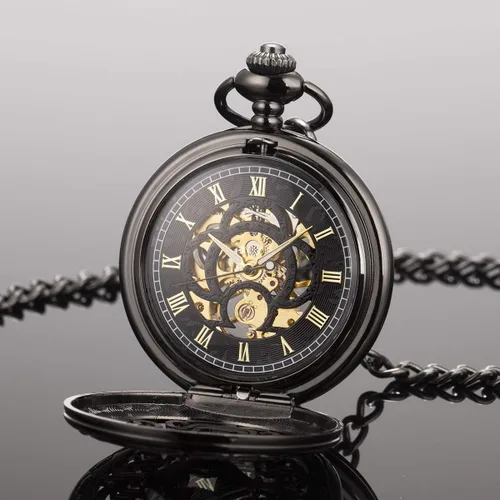 Vista 4 de ManChDa Reloj de bolsillo mecánico vintage negro con cadena para hombres + caja